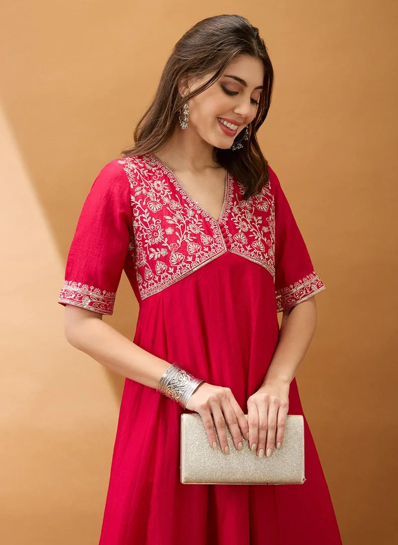 globus Pink Globus Women Pink Sequinned Floral Embroidered Yoke V-Neck Alia Cut A-Line Festive Kurta for Women | Best Price UAE